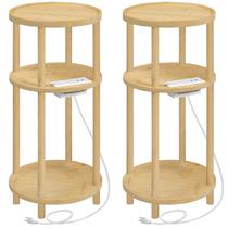 Conjunto de mesas laterais HOOBRO Round Bamboo com estação de carregamento x2