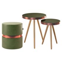 Conjunto de Mesas Laterais Sala de Estar Malaga e Puff Decorativo Porto Corano Verde - Desk Design