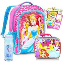 Conjunto de mochila e lancheira Disney Princess para meninas - pacote com mochila escolar princesa, lancheira, adesivos e garrafa de água para crianças (material escolar princesa)