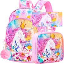 Conjunto de Mochila Infantil CCJPX com Unicórnio - 16 Polegadas, Lancheira e Estojo