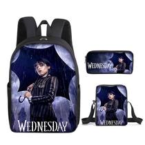 Conjunto de mochilas às quartas-feiras, Anime School, 3 unidades com bolsa de ombro Conjunto de mochilas às quartas-feiras, Anime School, 3 unidades com bolsa de ombro