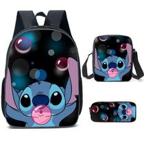 Conjunto de mochilas de poliéster casual Stitch para adolescentes, 3 peças