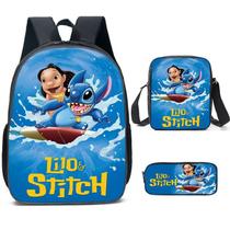 Conjunto de mochilas de poliéster casual Stitch para adolescentes, 3 peças