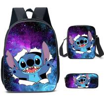 Conjunto de mochilas de poliéster casual Stitch para adolescentes, 3 peças