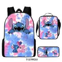 Conjunto de mochilas de poliéster casual Stitch para adolescentes, 3 peças