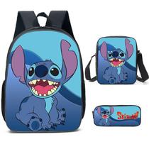 Conjunto de mochilas de poliéster casual Stitch para adolescentes, 3 peças