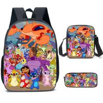 Conjunto de mochilas de poliéster casual Stitch para adolescentes, 3 peças