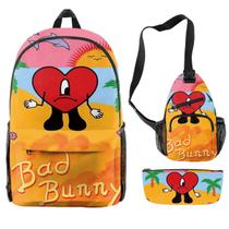 Conjunto de mochilas escolares Badd Bunnyy Rabbit, 3 unidades para crianças Conjunto de mochilas escolares Badd Bunnyy Rabbit, 3 unidades para crianças