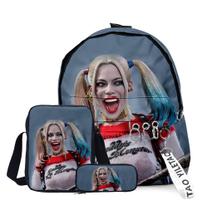 Conjunto de mochilas Harleys Quinns School Bag para crianças 3D Anime