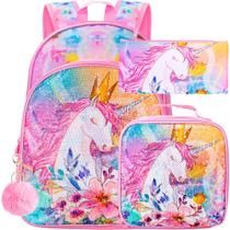 Conjunto de mochilas WZLVO Unicorn para meninas de 16 polegadas com lancheira Conjunto de mochilas WZLVO Unicorn para meninas de 16 polegadas com lancheira