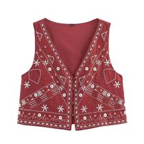 Conjunto De Moda De Verão Boho Para Mulheres Com Colete Sem Mangas Em V Bordado Vermelho E Calças Conjunto De Moda De Verão Boho Para Mulheres Com Colete Sem Mangas Em V Bordado Vermelho E Calças