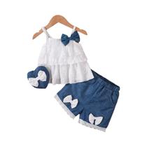 Conjunto De Moda De Verão Para Bebê Menina: Camisola De Renda Com Babados, Shorts Com Laço E Mini Conjunto De Moda De Verão Para Bebê Menina: Camisola De Renda Com Babados, Shorts Com Laço E Mini