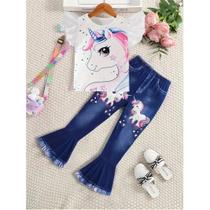 Conjunto De Moda De Verão Para Meninas, Camiseta Com Estampa De Unicórnio E Calças De Denim Falso Conjunto De Moda De Verão Para Meninas, Camiseta Com Estampa De Unicórnio E Calças De Denim Falso