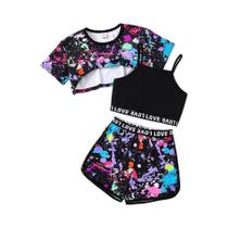 Conjunto De Moda De Verão Para Meninas Em Três Peças Com Estampa Fluorescente Graffiti, Confortável