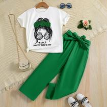 Conjunto De Moda De Verão Para Meninas, Top De Malha Com Estampa De Desenho Animado Minimalista E