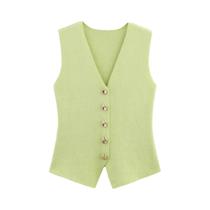 Conjunto De Moda Feminina: Saia De Cintura Alta Com Patchwork E Colete De Tricô Liso Com Botões