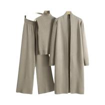 Conjunto De Moda Feminina Vintage De Tricô Em 3 Peças, Cardigã E Calça Para Primavera E Outono