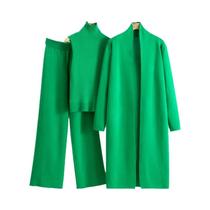 Conjunto De Moda Feminina Vintage De Tricô Em 3 Peças, Cardigã E Calça Para Primavera E Outono