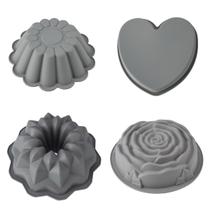 Conjunto de moldes de bolo de silicone de 4 peças para Bundt, Heart e Floral Ca Conjunto de moldes de bolo de silicone de 4 peças para Bundt, Heart e Floral Ca