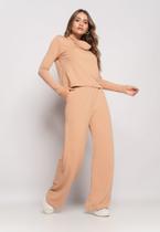 Conjunto De Moletinho Com Blusa Golão E Calça Wide Leg Bege Salvatore