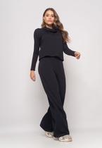 Conjunto De Moletinho Com Blusa Golão E Calça Wide Leg Preto Salvatore