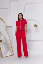 Conjunto de moletinho pantalona e ziper na blusa e elastico na cintura .