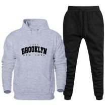 Conjunto de Moletom Canguru Flanelado Com Calça Confortavel Estampa Brooklyn New York Dias Frios