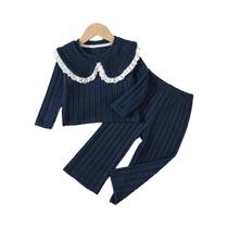 Conjunto De Moletom Casual Para Meninas Com Calças, Barra Plissada, Gola Grande, Cor Sólida,