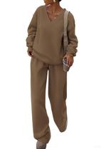 Conjunto de Moletom com Decote V e Calça Pantalona PRETTYGARDEN Caqui XXL Conjunto de Moletom com Decote V e Calça Pantalona PRETTYGARDEN Caqui XXL