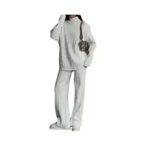 Conjunto De Moletom Feminino Branco De Tricô: Suéter Gola Alta E Calça Jogger Reta - 2 Peças Outono Conjunto De Moletom Feminino Branco De Tricô: Suéter Gola Alta E Calça Jogger Reta - 2 Peças Outono