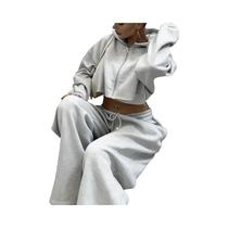 Conjunto De Moletom Feminino Com Capuz E Zíper, Cropped, 2 Peças, Casual, Outono 2025