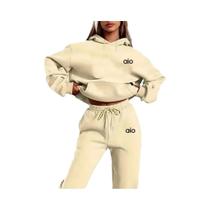 Conjunto De Moletom Feminino Monocromático Com Capuz De Alta Qualidade Casual Em Duas Peças