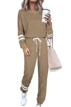 Conjunto de Moletom PRETTYGARDEN Dois Peças Loungewear Listrado Cáqui M