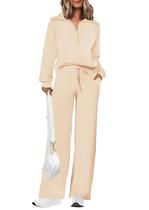 Conjunto de Moletom PRETTYGARDEN Feminino Dois Peças Meio Zíper Bege M Conjunto de Moletom PRETTYGARDEN Feminino Dois Peças Meio Zíper Bege M