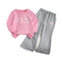Conjunto De Moletom Rosa Para Meninas Com Estampa De Laço E Calças Flare Casuais E Fofas Para Outono