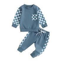 Conjunto de moletom xadrez com calça jogger para bebê RWYBEIW azul Conjunto de moletom xadrez com calça jogger para bebê RWYBEIW azul