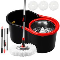Conjunto de Mopa Giratória e Balde com Espremedor, Sistema 360 com 3 Refis de Mopa de Microfibra e Cabo Extensível de 127 cm para Limpeza de Piso (Preto)