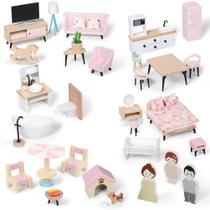 Conjunto de móveis Dollhouse Pithfor Wooden com 7 quartos e 3 bonecas