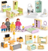 Conjunto de móveis Dollhouse Toyssa Wooden 36 unidades com 4 bonecas de 3 a 6 anos Conjunto de móveis Dollhouse Toyssa Wooden 36 unidades com 4 bonecas de 3 a 6 anos