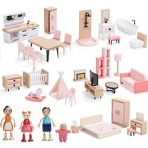 Conjunto de móveis Giant Bean Wooden Dollhouse, 36 peças de móveis com 4 bonecas familiares, acessórios de casa de bonecas Pretend Play Furniture, brinquedos para meninos, meninas e crianças de mais de 3 anos, rosa