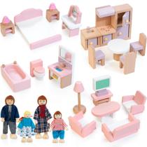 Conjunto de Móveis Kizfarm para Casa de Bonecas - 26 Peças com 4 Bonecas Conjunto de Móveis Kizfarm para Casa de Bonecas - 26 Peças com 4 Bonecas