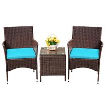 Conjunto de Móveis para Área Externa Devoko 3 Peças em Rattan PE Marrom e Azul Conjunto de Móveis para Área Externa Devoko 3 Peças em Rattan PE Marrom e Azul