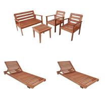 Conjunto de Móveis Sofa, 2 Poltronas, Mesa e 2 Espreguiçadeiras Madeira Maciça Marrom