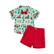 Conjunto De Natal Para Menino Pequeno Camisa Vermelha Com Gola Lapela Gravata Borboleta E Shorts