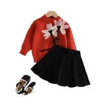 Conjunto De Natal Vermelho Para Meninas, Suéter Tricotado De Inverno Com Flores 3D, Blusa De Manga Conjunto De Natal Vermelho Para Meninas, Suéter Tricotado De Inverno Com Flores 3D, Blusa De Manga