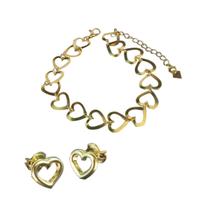 Conjunto de Ouro Pulseira e Brinco Corações Crescentes 16cm