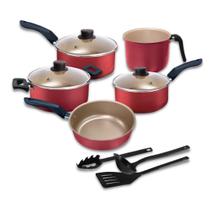 Conjunto de Panelas 08 Peças Cereja Antiaderente Teflon com Tampo de Vidro Elegan