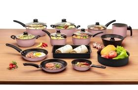 Conjunto de Panelas 13 Peças Antiaderente Rosa Tampa de Vidro Conjunto de Panelas 13 Peças Antiaderente Rosa Tampa de Vidro