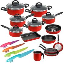Conjunto de Panelas 13Pçs Teflon c/ 4 Facas Inox Coloridas