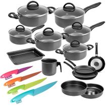 Conjunto de Panelas 13Pçs Teflon c/ 4 Facas Inox Coloridas